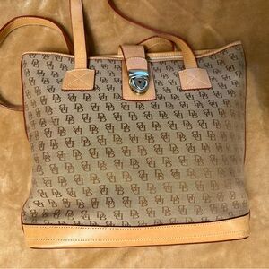Dooney & Bourke Vintage Brown Monogram Tote Shoulder Bag Purse Leather Canvas